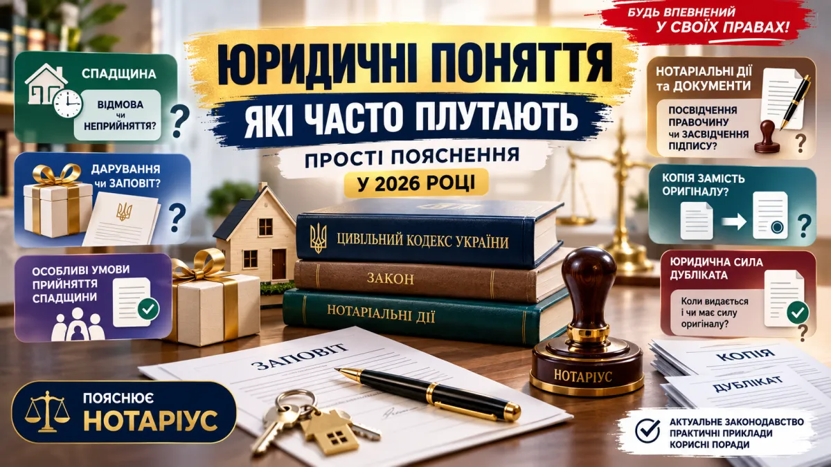 Legal concepts explained simply — infographic: inheritance, will, gift, and notarial documents