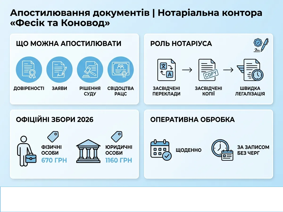 Апостиль на документи Київ — інфографіка: проставлення апостиля через нотаріуса в Notkontora 131