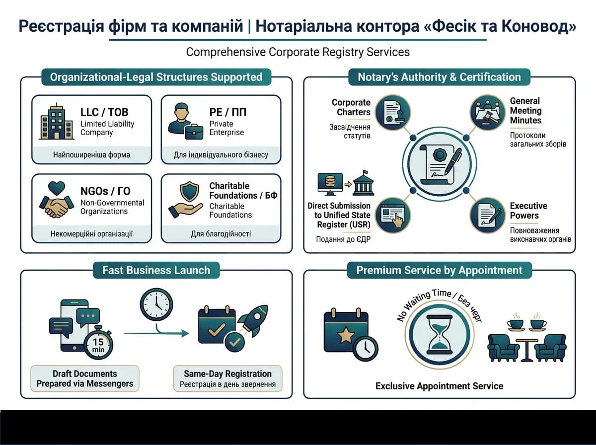 Реєстрація фірм та компаній у Києві 2026 — інфографіка: форми юридичних осіб і документи