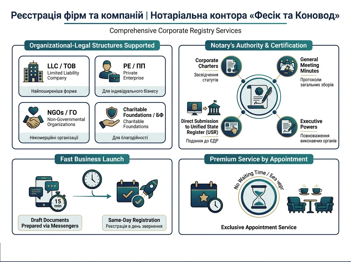 Регистрация фирм и компаний в Киеве 2026 — инфографика: формы юридических лиц и документы