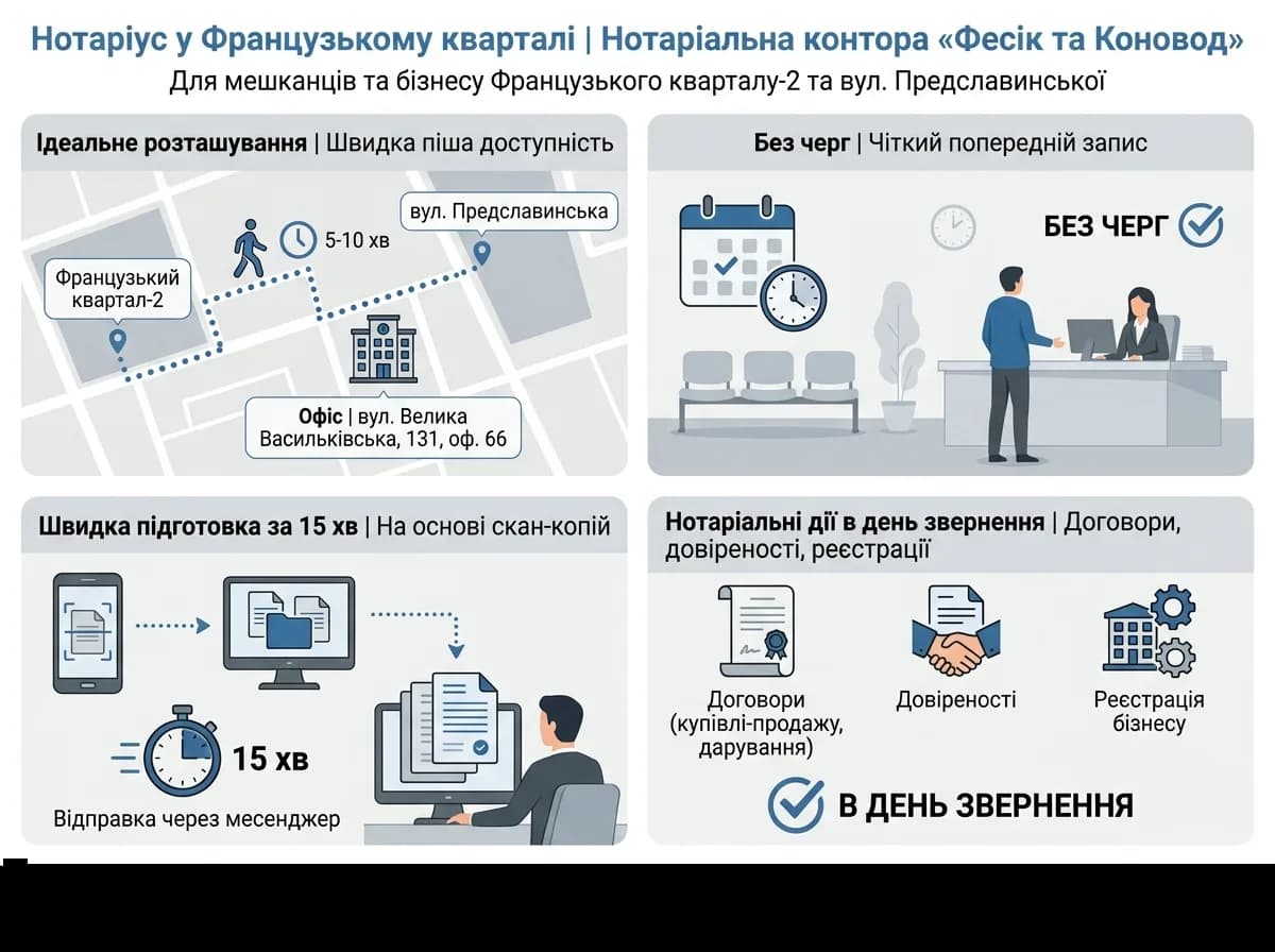 Нотаріус у Французькому кварталі та на Предславинській вулиці у Києві 2026 — інфографіка: послуги та порядок оформлення