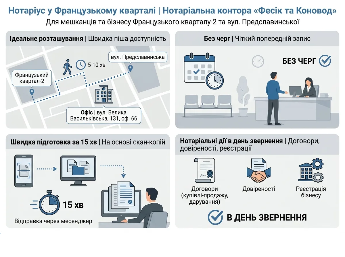 Нотариус во Французском квартале и на Предславинской улице в Киеве 2026 — инфографика: услуги и порядок оформления