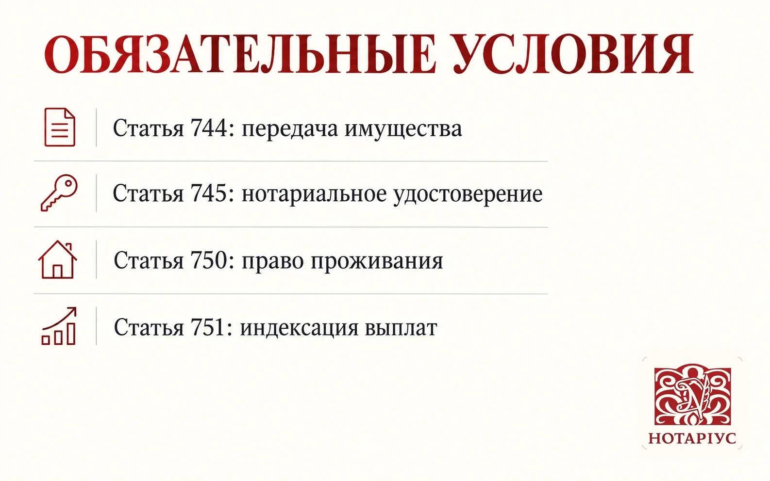 Обязательные условия договора пожизненного содержания: статьи 744, 745, 750 и 751 Гражданского кодекса